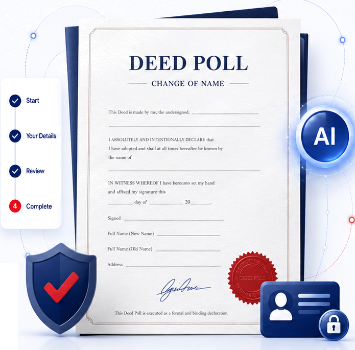 Deed poll application document and secure digital identity illustration