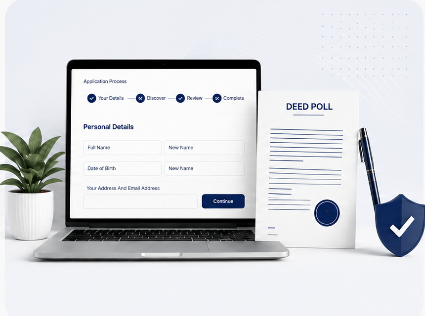 Online deed poll application process shown on a laptop with legal document
